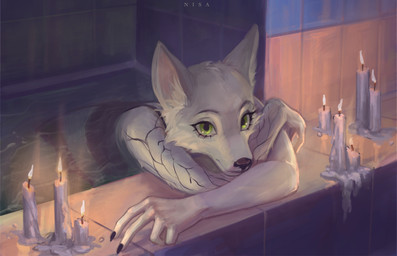 anthro bath camisole candle candlelight claws clothing crossed_arms detailed_background female fur green_eyes light looking_at_viewer smile solo underwear water white_body white_fur nisawei lily_(atrumpet) canid canine canis mammal wolf absurd_res hi_res