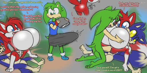 anal anal_penetration anthro balls big_balls big_breasts big_bulge big_penis binoculars black_eyes blue_eyes bottomwear breasts bulge butt clothing ellipsis erection erection_under_clothing exclamation_point featureless_breasts female female_penetrated footwear genitals green_eyes green_hair group group_sex hair hand_on_breast huge_breasts huge_bulge huge_penis hyper male male/female male_penetrating male_penetrating_female nude on_bottom on_top open_mouth penetration penis red_hair reverse_cowgirl_position sex shirt shoes shorts text threesome topwear trio vaginal vaginal_penetration yellow_sclera norithics sega sonic_the_hedgehog_(series) derrick_haster canid canine canis eulipotyphlan fox hedgehog mammal wolf english_text hi_res