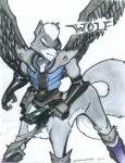 bayonet bottomless clothed clothing collar feathered_wings feathers fluffy fluffy_tail fur grey_body grey_fur gun handgun knife male partially_clothed prosthetic ranged_weapon simple_background solo standing tail taurification taurified weapon white_background white_body white_fur wings dragonheart07 neolupetrooper9893 nintendo star_fox wolf_o'donnell canid canid_taur canine canine_taur canis mammal mammal_taur taur wolf wolf_taur 2010 hi_res