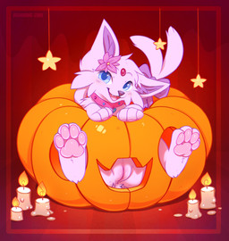 anus blue_eyes blue_pupils candle collar fangs feet female female_feral feral food front_view fruit fur genitals humanoid_genitalia humanoid_vulva looking_at_viewer open_mouth open_smile pawpads paws pink_body pink_collar pink_fur pink_pawpads pink_tail pink_tongue pink_vulva plant plump_labia pumpkin pupils simple_background smile soles solo tail teeth toes tongue vulva bloominglynx nintendo pokemon eeveelution espeon generation_2_pokemon pokemon_(species) digital_drawing_(artwork) digital_media_(artwork) hi_res