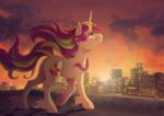 blue_eyes city cloud cutie_mark female feral fetlocks hair hooves horn multicolored_hair outside sky smile solo sunset two_tone_hair underhoof dvixie equestria_girls hasbro my_little_pony mythology sunset_shimmer_(eg) equid equine mammal mythological_creature mythological_equine unicorn 2015