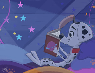 black_ears black_spots book collar feral fur heterochromatic_ears male pillow pink_inner_ear reading reading_book red_collar solo spots star toony white_body white_fur xtremo790 101_dalmatian_street 101_dalmatians disney dylan_(101_dalmatians) canid canine canis dalmatian domestic_dog mammal absurd_res hi_res