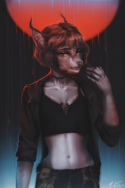 5_fingers anthro black_bottomwear black_clothing black_jacket black_pants black_shirt black_tank_top black_topwear bottomwear brown_hair camo camo_bottomwear camo_clothing camo_pants camo_print choker clothed clothing collarbone eyebrows eyelashes female fingers front_view fur green_eyes grey_body grey_fur hair inner_ear_fluff jacket jewelry looking_at_viewer midriff moon multicolored_body multicolored_fur nails navel necklace pants pattern_bottomwear pattern_clothing pattern_pants raining red_moon shirt simple_background slim slim_anthro slim_female snout solo standing tan_body tan_fur tank_top topwear tuft ventral_groove alenkavoxis felid feline mammal 2021 digital_media_(artwork) hi_res