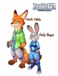 anthro barefoot clothed clothing duo feet female hand_in_pocket hands_on_hips inner_ear_fluff larger_male looking_back male newspaper pockets simple_background size_difference smaller_female smile text tuft wolfmalro disney zootopia judy_hopps nick_wilde canid canine fox lagomorph leporid mammal rabbit red_fox true_fox 2016