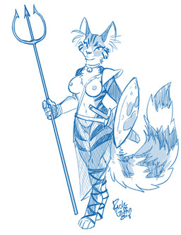 anthro armor aspis baldric bell belt choker collar female fluffy fluffy_ears fluffy_tail hoplon jewelry looking_at_viewer markings melee_weapon necklace nipples polearm pose scabbard shield solo striped_markings striped_tail stripes sword tail tail_markings trident warrior weapon rick_griffin felid mammal 2018 monochrome signature sketch