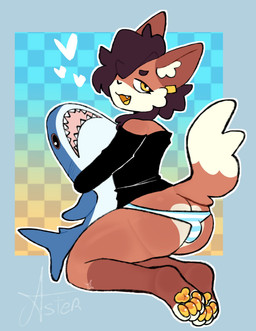 anthro brown_hair bulge choker femboy fluffy_ears hair heart_symbol jewelry male necklace pawpads piercing plushie side_view smug smug_face solo starlit_aster ikea blahaj canid canine fox mammal hi_res