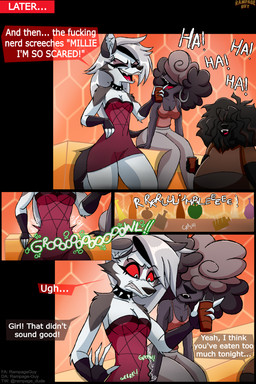 4_fingers anthro black_body black_fur black_hair breasts clothing dialogue dress ear_piercing ear_ring eyebrows female fingers fur grey_hair group hair male notched_ear piercing profanity pupils red_sclera ring_piercing rumbling_stomach sharp_teeth teeth text trio white_body white_eyes white_fur rampageguy hellaverse helluva_boss mythology gigi_(helluva_boss) loona_(helluva_boss) russ_(helluva_boss) canid canid_demon canine canis demon domestic_dog hellhound mammal mythological_canine mythological_creature poodle 2026 2:3 absurd_res comic english_text hi_res