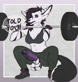 anthro athletic athletic_gynomorph athletic_intersex athletic_wear balls bra clothing exercise genitals gym gynomorph intersex leggings legwear makeup penis piercing solo sports_bra squats squatting_pose text underwear vein veiny_penis wardrobe_malfunction weightlifting workout wanderwy_(artist) lynn_(wanderwy) canid canine fennec_fox fox mammal true_fox english_text hi_res