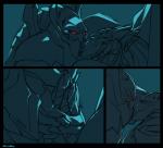 blue_eyes bodily_fluids duo erection frottage genitals male male/male not_furry penile penis red_eyes sex smile sweat zummeng blizzard_entertainment starcraft alarak_(character) alien protoss 2015 comic cool_colors digital_media_(artwork) monochrome restricted_palette sketch spot_color teal_theme