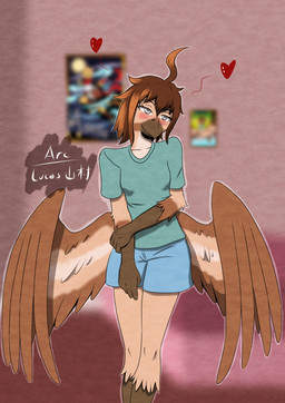 anthro beak bedroom bedroom_eyes blind blush bottomwear clothed clothing disability feet female holding_arm narrowed_eyes seductive shirt shorts smile solo talons toes topwear wings arc_rose vanilla_(arcrose) avian digital_drawing_(artwork) digital_media_(artwork)
