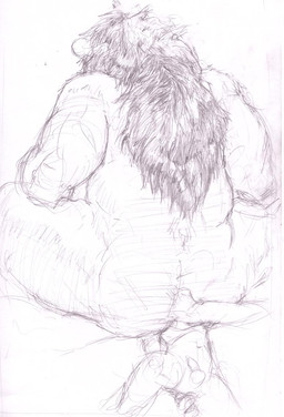 anal anal_fingering anthro balls bodily_fluids butt duo erection facesitting fingering fingering_self fur genital_fluids genitals hair larger_anthro male male/male masturbation musclegut muscular navel nude precum raised_tail rear_view simple_background sitting_on_another size_difference smaller_human tail white_background jeri_kleinlowe felid human lion mammal pantherine 2007 black_and_white monochrome sketch traditional_media_(artwork)