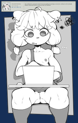 anthro breasts clothed clothing computer electronics ellipsis female fur genitals hair laptop loli nipples off_shoulder small_breasts solo text vulva young young_anthro young_female sicmop molly_(sicmop) bear mammal absurd_res alpha_channel english_text hi_res line_art monochrome