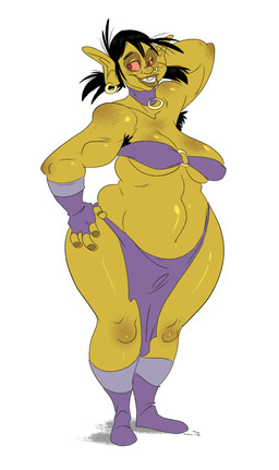 4_fingers armpit_hair belly black_hair body_hair breasts cleavage clothed clothing collar ear_piercing facial_piercing female fingerless_gloves fingers footwear freckles front_view gloves green_body green_skin grin hair hand_behind_head hand_on_hip handwear humanoid_pointy_ears nose_piercing nose_ring not_furry overweight overweight_female overweight_humanoid piercing pigtails pointy_ears raised_arm red_eyes red_sclera ring_piercing sharp_teeth shoes simple_background skimpy smile solo standing teeth thick_thighs white_background wide_hips slb orchidea_(slb) humanoid orc hi_res signature