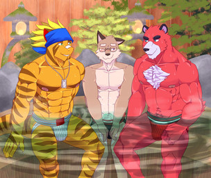 anthro barazoku black_clothing black_jockstrap black_underwear chest_tuft clothing dog_tags fur group hot_spring jockstrap lamp lantern male male/male onsen orange_body partially_submerged red_body red_clothing red_fur red_jockstrap red_underwear rence swimming_in_underwear trio tuft underwear water wet wet_clothing wet_underwear white_clothing white_jockstrap white_underwear mindmechanica mythology steyr bear dragon felid feline mammal mythological_creature mythological_scalie scalie absurd_res hi_res