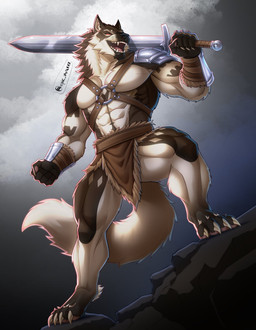 anthro armor bottomwear bracers brown_body brown_fur claws clothing fur harness leather leather_clothing leather_harness loincloth low-angle_view male melee_weapon muscular muscular_male pawpads red_eyes shoulder_guards simple_background smile solo sword teeth tongue ulfr_(weruwolf) unconvincing_armor weapon white_body white_fur epic_maxxx mythology canid canine canis mammal mythological_canine mythological_creature werecanid werecanine werecreature werewolf wolf hi_res