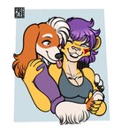 anthro blep breasts cleavage clothed clothing duo female floppy_ears freckles fur hair hand_holding hoodie lips male multicolored_body multicolored_fur one_eye_closed orange_body orange_fur purple_hair shirt simple_background tan_body tan_fur tank_top thick_bottom_lip tongue tongue_out topwear two_tone_body two_tone_fur white_body white_fur white_hair yellow_body yellow_fur freckles_(artist) pecas_(freckles) vilani_(character) bird_dog canid canine canis domestic_dog hunting_dog mammal spaniel welsh_springer_spaniel 2023