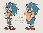 5_fingers anthro blue_body blue_fur blush blush_lines bodily_fluids clothing directional_arrow embarrassed fingers footwear fur gloves handwear male one_eye_closed overweight overweight_anthro overweight_male red_clothing red_footwear red_shoes shoes simple_background sweat sweatdrop weight_gain hyggezone sega sonic_the_hedgehog_(series) sonic_the_hedgehog eulipotyphlan hedgehog mammal