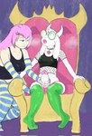 accessory anthro breasts chair clothing collar duo eyewear female fur furniture genitals glasses hair hair_accessory handjob legwear male male/female penile penis pink_hair sex stockings throne white_body white_fur bullelewds deltarune undertale_(series) ralsei sakura_(sanscash) bovid caprine goat human mammal hi_res