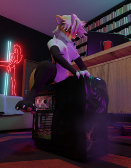 5_fingers anthro black_body black_eyebrows black_fur black_nose bodily_fluids book bookshelf breasts carpet ceiling chair computer computer_monitor desk destruction_of_property door door_handle electronics expensive eyebrows fans female fingers floor fur furniture gaming_chair genital_fluids hair improvised_toilet inside lock looking_down monitor navel neon_sign nipples nude nude_female orange_body orange_eyes orange_fur overlook_hotel_carpet pee_on_anothers_stuff peeing peeing_on_computer peeing_on_electronics peeing_on_object piss_destruction red_solo_cup sign sitting sitting_on_object smoke solo table urine wall_(structure) watersports white_body white_fur white_hair wood the_texorcist chimney_(the_texorcist) canid canine fox mammal english_description hi_res story story_in_description