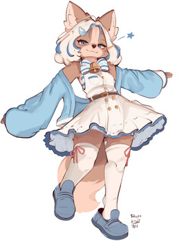 absolute_territory anthro blue_eyes blue_hair breasts brown_body brown_fur clothed clothed_anthro clothed_female clothing female footwear fully_clothed fully_clothed_anthro fully_clothed_female fur hair looking_at_viewer shoes simple_background small_breasts smile solo tan_body tan_fur white_background white_hair conditional_dnp tohupo canid canine mammal 2025 absurd_res digital_drawing_(artwork) digital_media_(artwork) hi_res