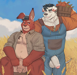 anthro balls black_hair bottomless bottomless_anthro bottomless_male clothed clothing countershade_balls countershade_crotch countershade_face countershade_genitalia countershade_torso countershading duo eyewear flaccid foreskin fur genitals glasses hair hat headgear headwear holding_object humanoid_genitalia humanoid_penis male male/male male_anthro musclegut muscular muscular_anthro muscular_male open_clothing open_mouth open_shirt open_smile open_topwear outside overalls overweight overweight_anthro overweight_male partially_clothed partially_clothed_anthro partially_clothed_male penis penis_poking_out penis_through_fly red_body red_fur shirt sitting smile standing tail tan_body tan_fur teeth thick_penis tongue topwear wearing_glasses wheat white_body white_fur gol1ath canid canine canis domestic_dog lagomorph leporid mammal rabbit 2025 hi_res