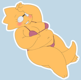 anthro belly big_breasts bikini blush breasts buckteeth cleavage clothed clothing eyewear female front_view glasses hand_on_forehead looking_at_viewer lying navel non-mammal_breasts on_back overweight overweight_anthro overweight_female scales shortstack simple_background skimpy slightly_chubby slightly_chubby_anthro slightly_chubby_female smile solo string_bikini swimwear tail tail_between_legs teeth thick_tail thick_thighs three-quarter_view two-piece_swimsuit wide_hips yellow_body yellow_scales alpi undertale_(series) alphys lizard reptile scalie archived_source