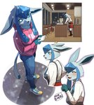 absurd_res anthro biped blue_body blue_eyes blush breasts clothed clothed_anthro clothed_female clothing detailed_background dialogue eeveelution eyebrows eyelashes female female_anthro generation_4_pokemon glaceon gudlmok99 hi_res high-angle_view holding_object korean_text looking_at_viewer looking_up looking_up_at_viewer medium_breasts nintendo open_mouth pokemon pokemon_(species) side_view simple_background smile solo speech_bubble text