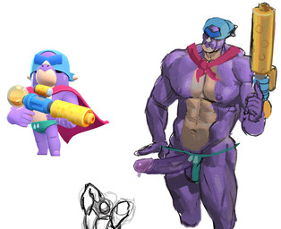 abs anthro backwards_cap balls big_penis briefs clothed clothing erection genitals glans hat headgear headwear holding_object holding_ranged_weapon holding_weapon male muscular muscular_anthro muscular_arms muscular_male muscular_thighs navel nipples pecs penis purple_body ranged_weapon simple_background solo standing topless topless_male underwear vein veiny_penis weapon white_background nova_morto brawl_stars supercell_(company) pierce_(brawl_stars) dinosaur prehistoric_species reptile scalie digital_media_(artwork) reference_image