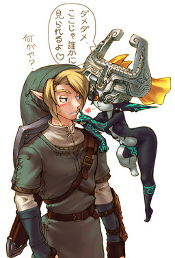 blonde_hair blue_eyes blush clothing duo female fused_shadow hair headgear headwear heart_symbol interspecies larger_male male not_furry red_eyes romantic romantic_couple shield size_difference smaller_female text iiyamaeizou nintendo the_legend_of_zelda twilight_princess link midna humanoid hylian twili japanese_text translated