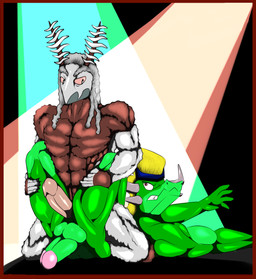 abs antennae_(anatomy) anthro balls biceps big_penis blonde_hair duo erection genitals green_balls hair horn humanoid_genitalia humanoid_penis male muscular nude pecs penis white_hair wrestling saesar mythology arthropod dragon insect lepidopteran moth mythological_creature mythological_scalie scalie hi_res