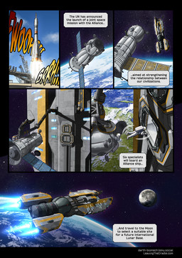 ambiguous_gender astronaut astronaut_suit blue_sky cloud day earth_(planet) human_only moon not_furry onomatopoeia satellite sky solo sound_effects space spacecraft star text vehicle darth_biomech leaving_the_cradle human mammal 2026 colored comic english_text hi_res