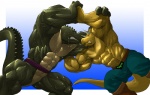 4_fingers abs angry anthro battle belt biceps big_muscles bodily_fluids boots bottomwear clothed clothing duo fight fingers footwear grappling horn huge_muscles male muscular muscular_arms muscular_male muscular_thighs pecs ridged_tail saliva sash shoes shorts simple_background sweat tail topless vein white_eyes wrestling yellow_eyes echin teenage_mutant_ninja_turtles leatherhead traximus alligator alligatorid ceratopsian crocodilian dinosaur ornithischian prehistoric_species reptile scalie triceraton