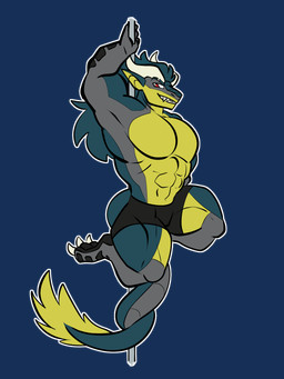 abs anthro big_muscles big_pecs boxers_(clothing) claws clothing dancing fangs green_body green_scales grey_body grey_scales horn male muscular paws pecs pole pole_dancing red_eyes scales smile smirk solo tail tail_tuft teeth tuft underwear yellow_body yellow_scales rtf-m mythology brom_(sahurus) dragon mythological_creature mythological_scalie scalie 3:4 alpha_channel hi_res