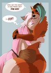 anthro big_breasts bottomwear breast_squish breasts clothing dialogue duo female femboy fur green_hair hair hug larger_female loincloth male male/female pink_body pink_fur red_body red_fur size_difference slightly_chubby slightly_chubby_female smaller_male speech_bubble squish tall text tight_hug tomboy tribal tribal_clothing white_hair wide_hips umpherio kaguya_(umpherio) sinqularis ailurid canid canine canis mammal red_panda wolf absurd_res english_text hi_res