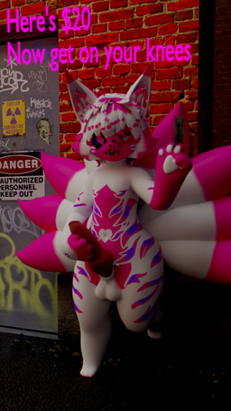 against_surface against_wall alley anthro balls birthmark dominant dominant_male fangs fur fur_markings genitals graffiti hair heart_symbol heterochromia knot looking_at_viewer male markings money multi_tail multicolored_body multicolored_fur nude offering_money penis penis_grab pink_body pink_eyes pink_fur pink_hair purple_eyes sign smile solo tail teeth text white_body white_eyes white_fur white_hair burtrevolution burtrevolution_(burtrevolution) canid canine fox mammal 3d_(artwork) 9:16 blender_(artwork) digital_media_(artwork) hi_res