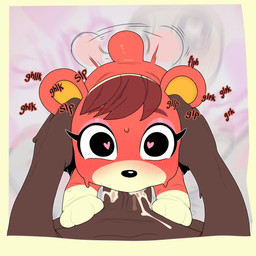 anthro blush bodily_fluids brown_hair cum cum_in_mouth cum_inside duo eyeliner fellatio female first_person_view genital_fluids hair heart_eyes heart_symbol looking_at_viewer makeup male male/female multicolored_body oral penile sex sound_effects sweat tail tail_motion tailwag kerotheklutz animal_crossing nintendo cheri_(animal_crossing) bear mammal absurd_res hi_res