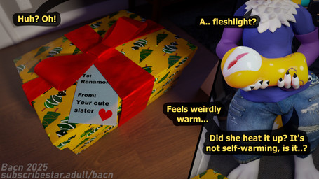 anthro bow_ribbon box clothed clothing container detailed_background dialogue fingers fur gift gift_box gift_wrapped holding_object holidays imminent_incest imminent_sex male penetrable_sex_toy portal_fleshlight sex_toy solo standing text thinking_with_portals topwear white_body white_fur bacn bandai_namco christmas digimon renamon_(bacn) canid canine digimon_(species) fox mammal renamon 16:9 2025 3d_(artwork) 4k absurd_res blender_(artwork) blender_cycles_(artwork) colored digital_media_(artwork) english_description english_text hi_res widescreen