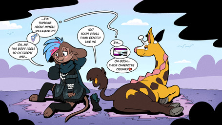 after_transformation antlers blue_eyes blush brown_body brown_fur buckteeth cloven_hooves dialogue duo fur hooves horn identity_change implied_transformation markings orange_sclera orientation_play pink_nose red_nose speech_bubble spikes spikes_(anatomy) teeth text transformation twinning whisker_markings yellow_body yellow_fur trevor-fox nintendo pokemon kyp_(character) trevor-fox_(character) generation_2_pokemon girafarig mammal mouse murid murine pokemon_(species) rodent 16:9 english_text hi_res widescreen nonbinary_(lore)