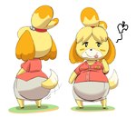 3_fingers accessory anthro bangs bell belly big_belly big_butt biped black_emanata black_eyes bloated blonde_highlights blush bottom_heavy bottomwear breasts brown_clothing brown_footwear brown_shoes butt button_(fastener) cleavage closed_smile clothed clothed_anthro clothed_female clothing countershade_face countershading dipstick_tail dog_tail eyelashes feet female female_anthro fingers floppy_ears footwear front_view fur furgonomic_bottomwear furgonomics green_grass hair hair_accessory hair_tie handpaw highlights_(coloring) jingle_bell logo logo_on_clothing logo_on_shirt logo_on_topwear looking_aside markings monobutt motion_lines mouth_closed multiple_angles overweight overweight_anthro overweight_female parted_bangs paws pear-shaped_figure pencil_skirt pink_tongue pockets pupils raised_hand rear_view red_clothing red_dress_shirt red_hair_tie red_shirt red_topwear shadow shirt shirt_pocket shoes simple_background skirt small_feet smile solo standing tail tail_markings tail_motion tail_through_skirt tailwag tanuki_leaf three-quarter_view tied_hair tongue tongue_out topwear white_background white_body white_bottomwear white_button_(fastener) white_clothing white_countershading white_fur white_markings white_pupils white_skirt wide_hips yellow_blush yellow_body yellow_ears yellow_fur yellow_tail maddeku animal_crossing nintendo isabelle_(animal_crossing) canid canine canis domestic_dog mammal shih_tzu toy_dog 2025 aliasing colored digital_drawing_(artwork) digital_media_(artwork) full-length_portrait hi_res multiple_images portrait shaded