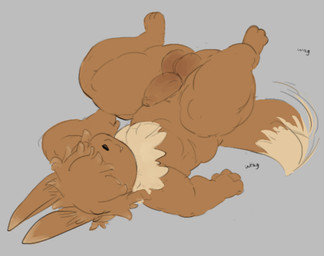 anthro balls bent_legs brown_body brown_fur brown_hair erection fangs fur genitals grey_background hair hair_over_eye happy humanoid_genitalia humanoid_penis lying male on_back penis simple_background solo tail tail_motion tailwag teeth urubunn nintendo pokemon sandy_(eevee) eevee generation_1_pokemon pokemon_(species) 2026 english_description