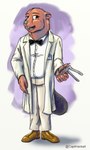 5_fingers anthro black_bow_tie bottomwear bow_tie brown_body brown_clothing brown_eyes brown_footwear brown_fur brown_shoes buckteeth clothing coat doctor dress_shirt fingers footwear fur gynecologist holding_object lab_coat male master medical_instrument open_mouth pants purple_background scientific_instrument shirt shoes simple_background solo speculum teeth topwear white_background white_bottomwear white_clothing white_pants white_shirt white_topwear capt_hairball walt46 ned_caswell beaver mammal rodent 2020 3:5 hi_res signature