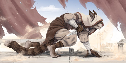 5_fingers all_fours ambiguous_gender anthro barefoot bottomwear brown_body brown_fur clothing cloud dagger day feet fingers fur holding_dagger holding_melee_weapon holding_object holding_weapon hood markings melee_weapon outside pants side_view solo stone_floor striped_markings striped_tail stripes tail tail_markings weapon a_littlecrazy microsoft the_elder_scrolls felid khajiit mammal 2017 digital_media_(artwork)