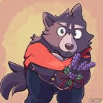 anthro bow_ribbon flower fur glistening glistening_eyes holding_flower holding_object lavender_(flower) looking_at_viewer male orange_background overweight overweight_male pecs plant purple_body purple_fur simple_background single_tooth solo htony adastra adastra_(series) echo_project amicus_(adastra) canid canine canis mammal wolf 1:1 artist_name hi_res