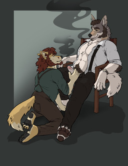 anthro beard black_body black_fur bottomwear brown_hair cigarette clock clothed clothing duo erection facial_hair facial_scar fur furgonomic_pants genitals grey_body grey_fur hair hand_on_penis humanoid_genitalia humanoid_penis kneeling male male/male male_anthro muscular muscular_anthro muscular_male open_bottomwear open_clothing open_pants open_shirt open_topwear pants partially_clothed partially_clothed_anthro partially_clothed_male penis pink_penis scar shirt sitting smile smoking smoking_cigarette suspenders tail tan_body tan_fur topwear watch white_body white_fur white_penis labradorszn echo_(series) echo_project the_smoke_room itreyu william_adler canid canine canis coyote domestic_dog mammal 2024 hi_res