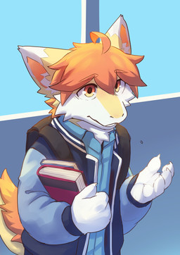 anthro backpack blue_clothing blue_topwear clothed clothing fur hair kemono male mouth_closed orange_eyes orange_hair solo tail topwear white_body white_fur yellow_body yellow_fur young young_anthro young_male kuttoyaki mythology kutto dragon furred_dragon furred_scalie mythological_creature mythological_scalie scalie hi_res