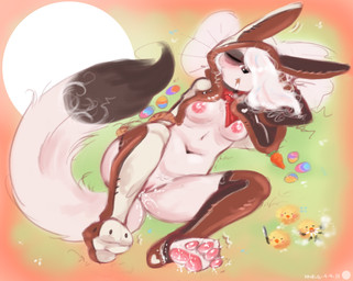 4_toes anthro biped black_nose blush breasts carrot cigarette dipstick_tail easter_egg eyes_closed feet female food genitals group hair holidays markings multicolored_tail navel nipples pawpads pillow pink_pawpads plant sleeping tail tail_markings toes vegetable vulva white_hair year nihilochannel easter strom_(nihilochannel) domestic_ferret mammal mustelid musteline true_musteline weasel 2021 dated shaded signature