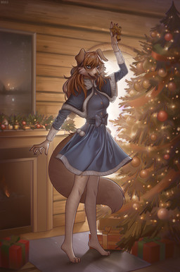 anthro box christmas_clothing christmas_decorations christmas_lights christmas_tree clothed clothing container dress feet female fingers fur gift_box hair holding_object holidays inside looking_at_viewer open_mouth plant smile solo standing tail toes tree seanwaald christmas canid canine canis domestic_dog mammal digital_media_(artwork)