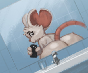 anthro big_butt big_ears black_eyes buckteeth butt electronics eyelashes female fur holding_object holding_phone huge_butt looking_at_viewer looking_back looking_back_at_viewer mirror notched_ear nude phone pink_nose pink_tail rear_view smile solo tail taking_picture taking_selfie teeth white_body white_fur kujalla mina_the_hollower yacht_club_games mina_(mina_the_hollower) mammal mouse murid murine rodent