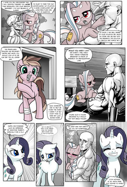 bald bandage blue_eyes blush bodily_fluids bottomwear braided_hair brown_hair carrying_another clothed clothing cutie_mark dialogue duo eyes_closed female feral fur green_eyes hair half-closed_eyes horn inside jealous looking_down lying male multicolored_hair muscular musical_note musical_symbol narrowed_eyes nervous on_chest on_top open_mouth partially_clothed pink_body pink_fur purple_hair red_eyes scrunchy_face shorts smile sweat symbol tan_hair teeth text tongue two_tone_hair white_body white_fur young pencils_(artist) friendship_is_magic hasbro my_little_pony mythology anon fan_character mascara_maroon papyra_(oc) rarity_(mlp) equid equine horse human mammal mythological_creature mythological_equine pony unicorn absurd_res comic english_text hi_res monochrome