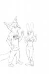 anthro clothed clothing duo female hand_on_hip innuendo male simple_background smile text white_background akiric disney zootopia beth_hopps fan_character william_f'talis canid canine fox lagomorph leporid mammal rabbit swift_fox true_fox 2017 black_and_white english_text monochrome